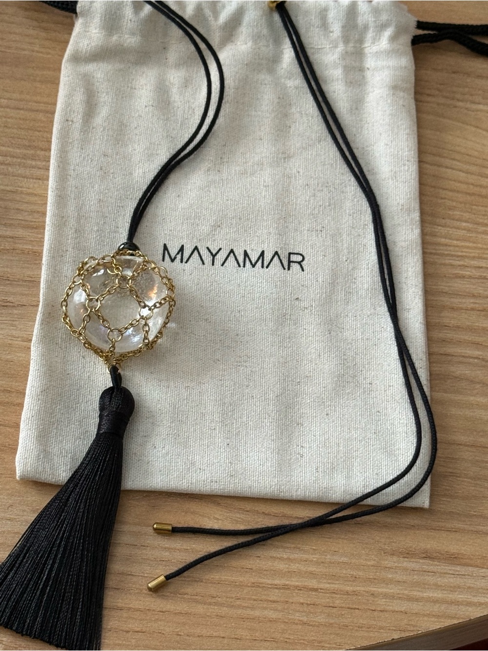 New mayamar gold plated crystal net tassel necklace